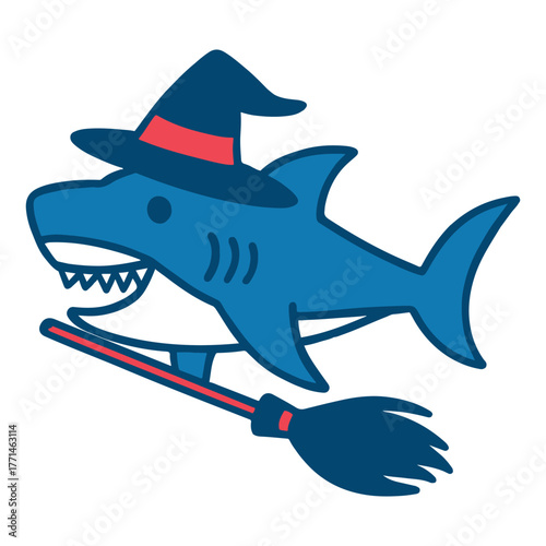 Cartoon Blue Shark Flying on Witch Broomstick with Halloween Hat Funny Marine Halloween Illustration