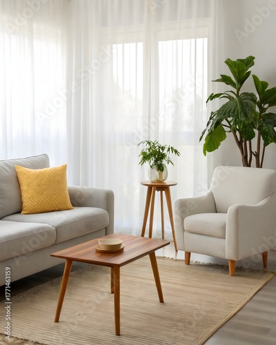 Cozy living room with a grey sofa, armchair, coffee table, and a large potted plant near the window with sheer curtains