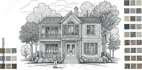 Detailed Architectural Drawing of Two-Story House with Trees and Color Palette | Hand-Drawn Home Illustration for Real Estate, Construction, and Interior Design Projects