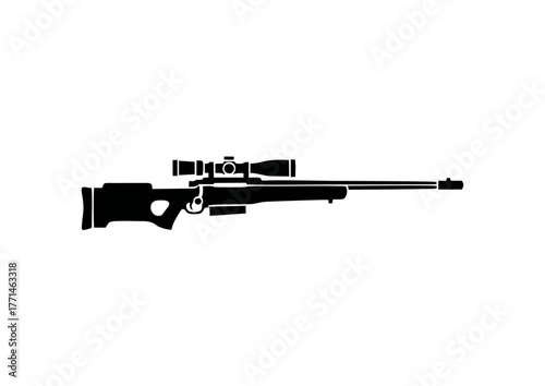 Silent Precision: A Silhouette of the Sniper Rifle—Scoped Barrel, Ergonomic Stock, and Tactical Geometry Framed in the Bold Stillness of Long-Range Focus and Stealth Strategy