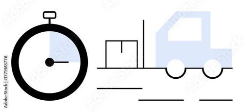 Stopwatch beside a moving delivery truck carrying packages, symbolizing fast delivery. Ideal for logistics, shipping, time management, efficiency, transportation, e-commerce supply chain. Simple