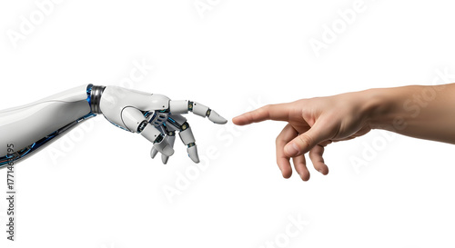 Human and robotic hands nearly touching, symbolizing artificial intelligence, future technology, and the evolving connection between humanity and advanced machines