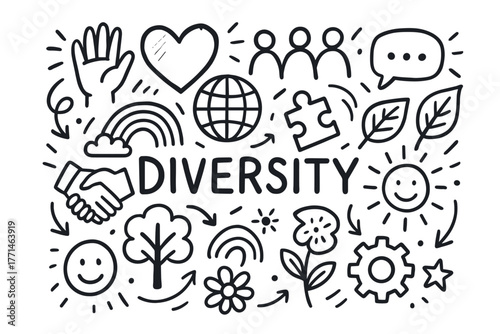 Diversity illustration with symbols of unity, nature, and inclusion