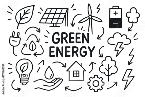 Green energy doodle: solar, wind, eco-friendly symbols surrounding sustainable concepts