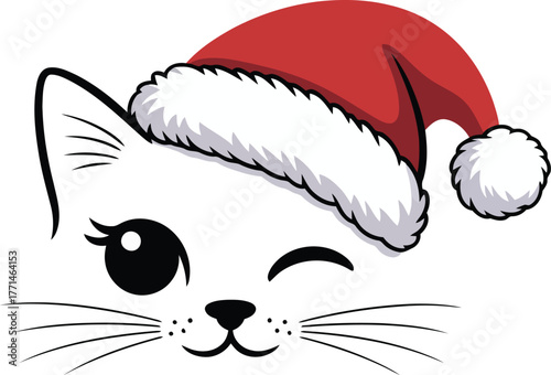 Cute white cat wearing a santa hat winking for christmas