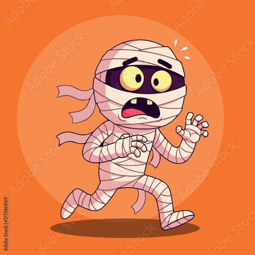 Cartoon mummy running with scared face, flat illustration