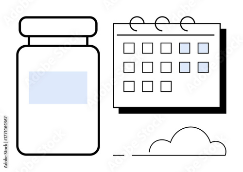 Pill bottle and calendar with marked dates. Ideal for healthcare, reminders, medical schedules, wellness apps, pharmacies, planning, adherence to treatments. Simple flat metaphor