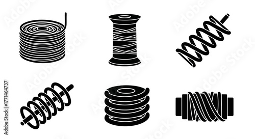 Black and white illustration depicting various coiled spring and thread designs
