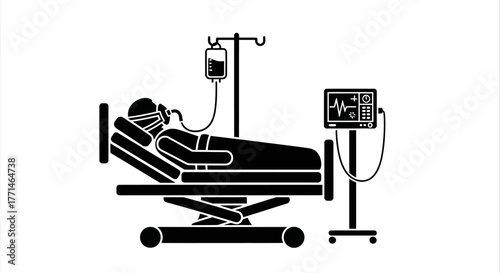 Hospital patient in bed with medical equipment and monitoring devices