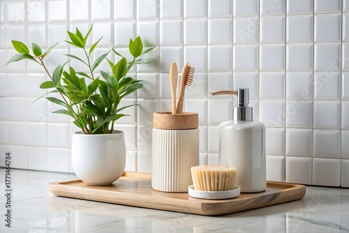 A wooden tray holding bathroom accessories including a plant, toothbrush holder, and soap dispenser against a white tiled wall