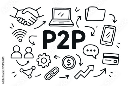 P2p network concept with handshake, devices, and communication symbols in doodle style