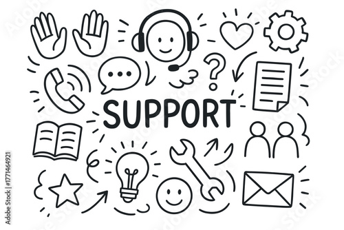 Customer support doodle with communication and assistance icons