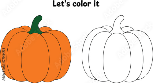 Coloring page with a finished orange pumpkin and a black and white outline pumpkin