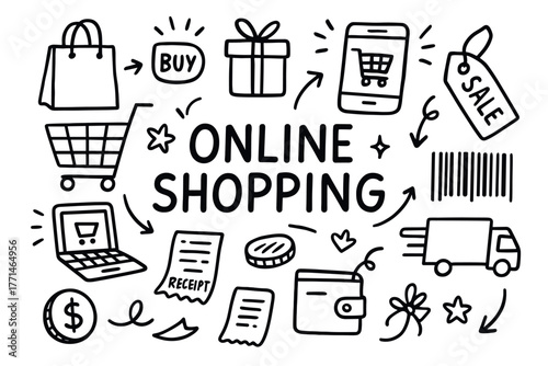 Hand-drawn online shopping icons with cart, gift, and purchase symbols
