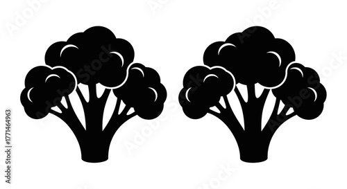 Simple black and white illustration of two broccoli florets side by side