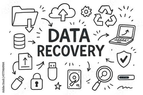 Data recovery concept with digital icons and symbols on white background