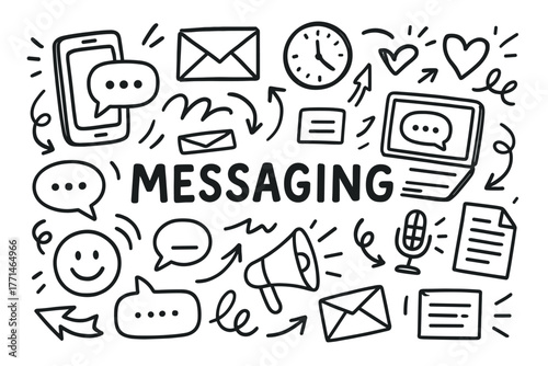 Doodle illustration of messaging and communication icons in black and white