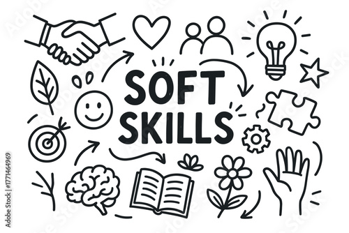 Doodle art illustrating soft skills concept with handshake, brain, lightbulb, and puzzle pieces