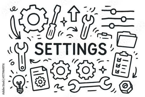 Hand-drawn settings icons: tools, gears, and adjustments in black and white