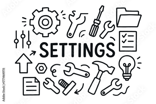 Settings icon collection: tools, gears, lightbulb, and documents