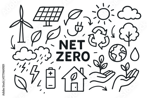 Net zero doodle art: renewable energy and sustainable living symbols
