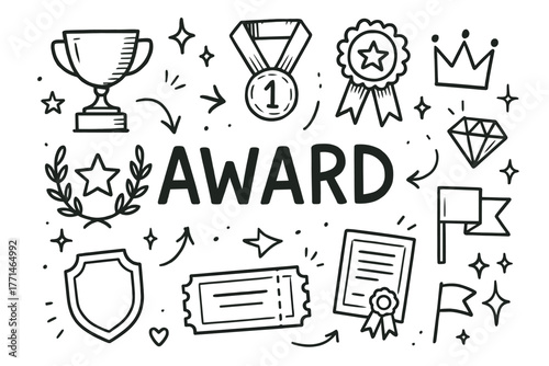 Doodle art collection of award symbols with trophy, medal, and certificate