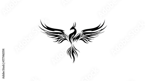 A stylized, grayscale illustration of a bird with outstretched wings, a phoenix-like symbol
