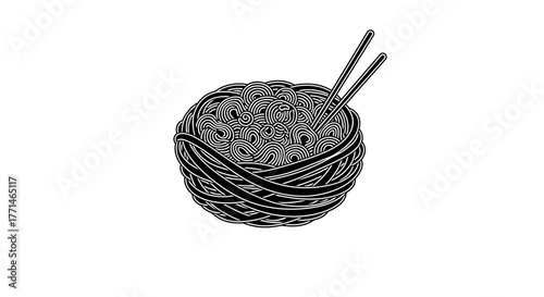 A black and white illustration of a ball of yarn with knitting needles
