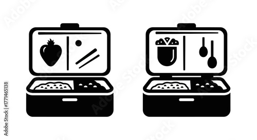 Black and white illustration of two bento boxes with different contents