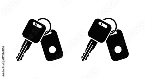 Simple black and white illustration depicting two sets of metallic keys