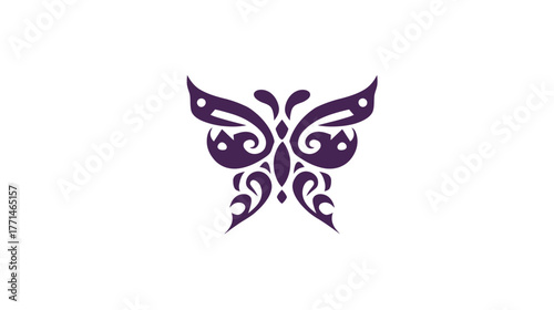 A stylized butterfly silhouette in purple against a white background, with intricate curved designs