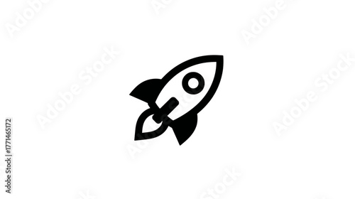 A black rocket icon is depicted against a white background, symbolizing space travel