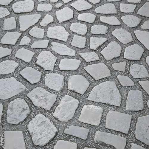 A close-up, angled view of an irregular gray flagstone pavement with dark gravel grout.