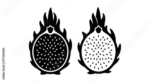 Black and white illustration of two dragon fruit halves with seeds