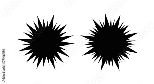 Two dark spiky starburst shapes on a plain white background
