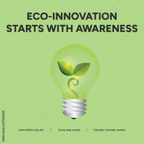 Ecoinnovation starts with awareness a green lightbulb with leaves inside, symbolizing sustainable solutions and environmental consciousness
