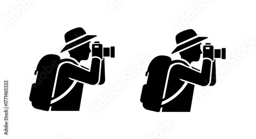 Two black and white silhouettes of photographers with cameras and backpacks