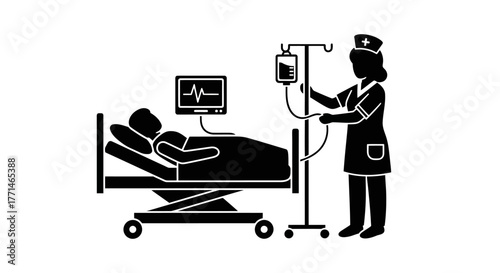 Hospital patient in bed with nurse and medical equipment nearby