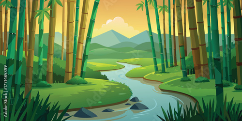 bamboo forest landscape with green trees and water in the morning