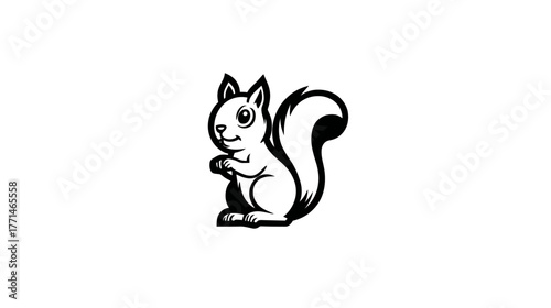 A stylized black and white illustration of a squirrel in a playful pose on a plain background