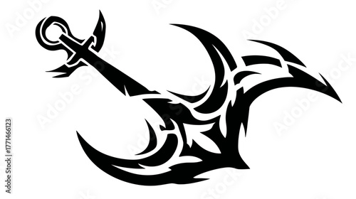 A bold black graphic of an anchor with a stylized tribal design on a plain white background