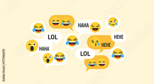 Digital conversation bubbles with laughing expressions, symbolizing online humor and cheerful communication and shared lighthearted interactions