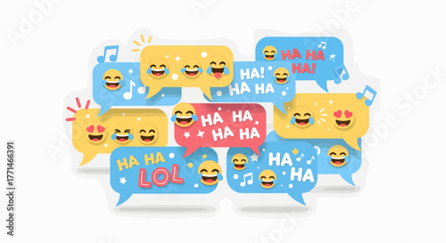 Collection of colorful speech bubbles filled with laughing emojis and text expressing amusement, joy, and laughter, ideal for social media and communication
