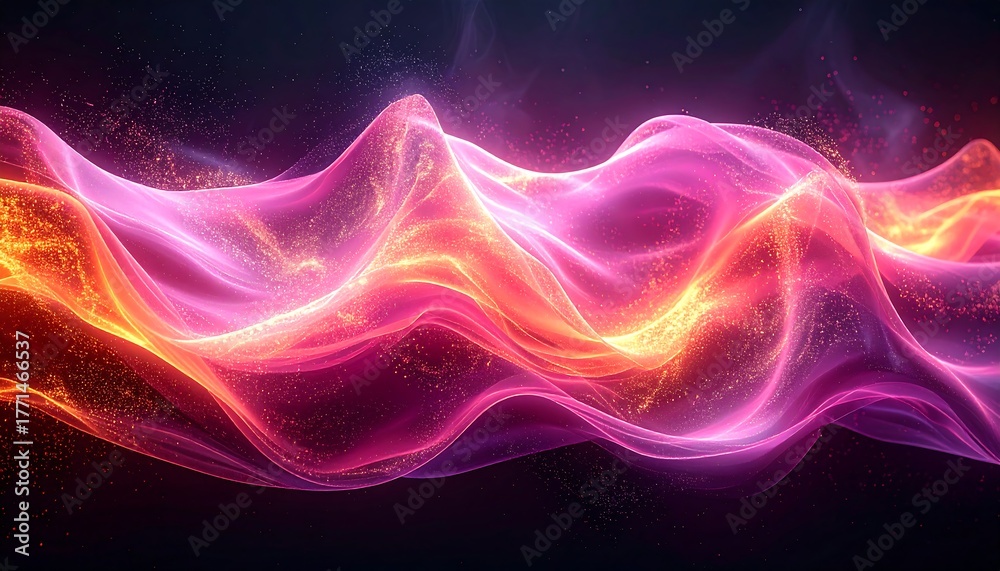 Fototapeta premium Abstract, glowing wave formation flowing across a dark background, with orange and pink hues and speckled highlights