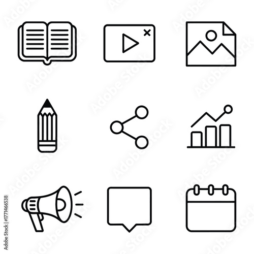Set of nine educational and communication line art icons on white Keywords: book, open book