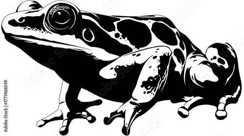 A black and white stylized illustration of a frog with spotted skin and large eyes