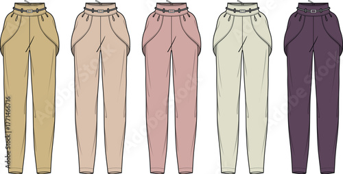 Variety of Fashionable Women's Pants in a Row Designs, Colors, and Style Choices for Daily Wear