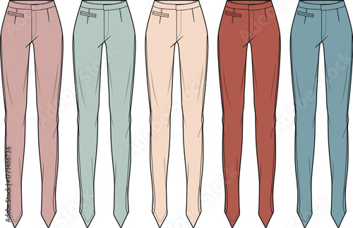 A versatile collection of women's classic tailored trousers in various colors. Fashion technical flat sketch vector template for apparel design and wardrobe concepts