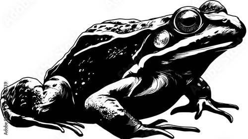 A black and white illustration of a frog in side profile. The eyes are large and round
