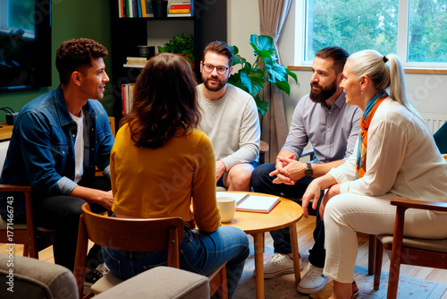 Group of young and middle aged multiethnic men and women sitting in circle discussing ideas during meeting, all focused on conversation, notebooks and coffee cups on table